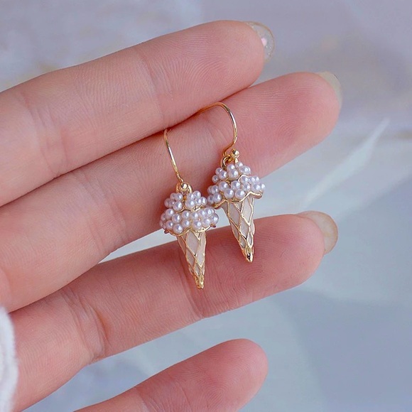 "Ice Cream Sunday's'” Pearl Gold Minimalist Cute Mini Kawaii Dessert Earrings - Picture 4 of 5